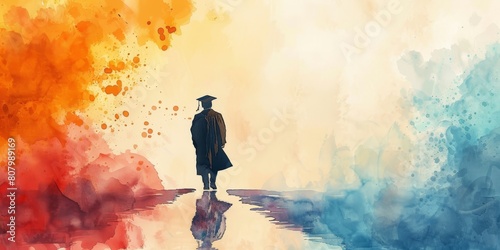 A man in a graduation gown walks across a bridge. The bridge is painted in bright colors  with a splash of red and blue. The man is walking alone  and the scene gives off a sense of solitude