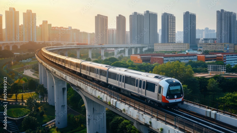 A commuter train traveling along an elevated viaduct, elevated railway engineering A commuter train traveling along an elevated viaduct, elevated railway engineering
