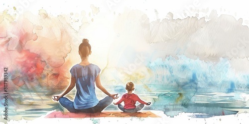 A woman and a child are sitting on a mat by a body of water. The woman is meditating while the child is watching her. Concept of calm and relaxation, as the woman