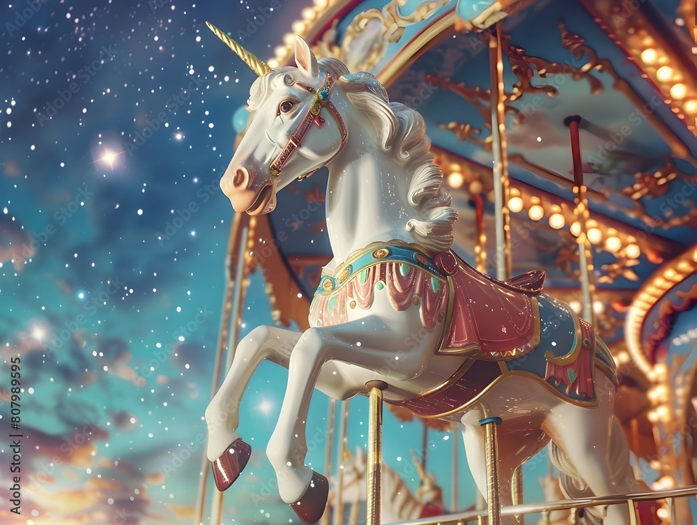 Enchanting Unicorn Carousel Ride Under Starry Winter Skies