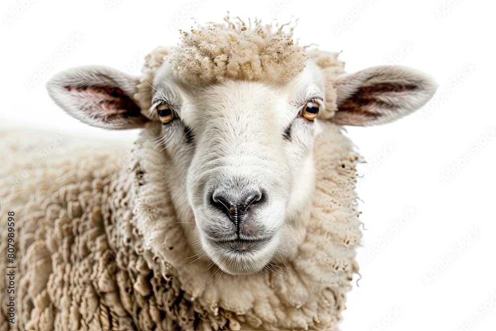 close up of smiling sheep on white background
