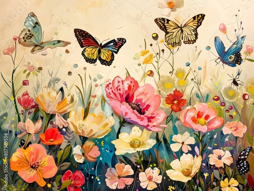 Butterflies Fluttering in a Vibrant Garden of Blooming Flowers in an Composition