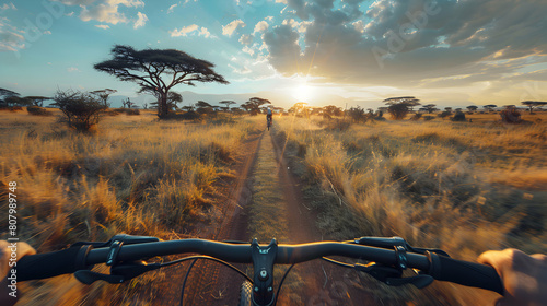 Exploring the Kenyan Savanna: Photo-realistic Image of Cyclist Enjoying an Adventurous Safari Biking Trip with Breathtaking Wildlife Views photo
