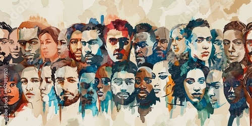 A painting of many faces with a blue background. The faces are of different races and ages. The painting is a representation of diversity and unity photo