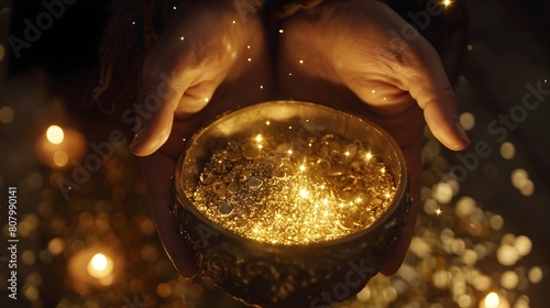 Mystical Transmutation of Common Objects into Shimmering Golden Orb in Hands photo