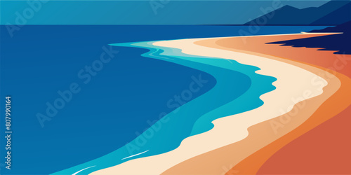 Flat style sea coast top view. Vector seashore with sand and waves flat illustration