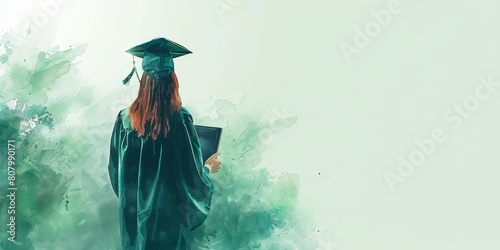 A woman in a green graduation gown is holding a book. Concept of accomplishment and pride, as the woman is likely a graduate. The green color of the gown and the book symbolize growth and knowledge © kiimoshi