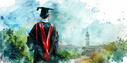 A man in a red and black graduation gown stands in front of a large building. Concept of accomplishment and pride, as the man is likely a graduate about to receive his diploma