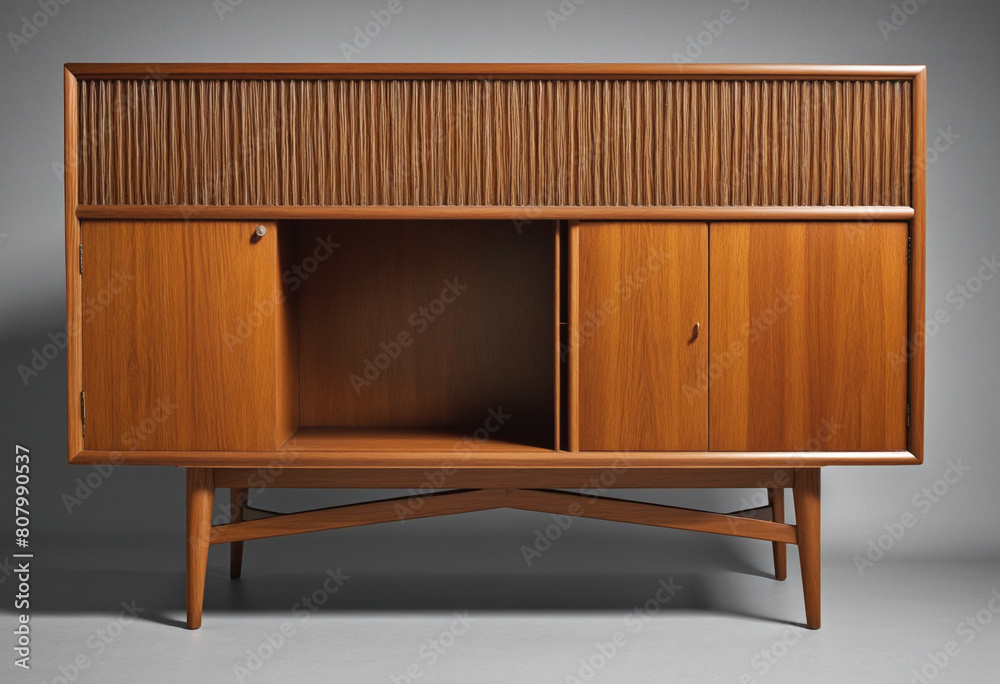 An AI-generated illustration of a classic mid-century modern teak media cabinet in a vintage style, isolated on a transparent background An AI-generated illustration of a classic mid-century modern teak media cabinet in a vintage style, isolated on a transparent background