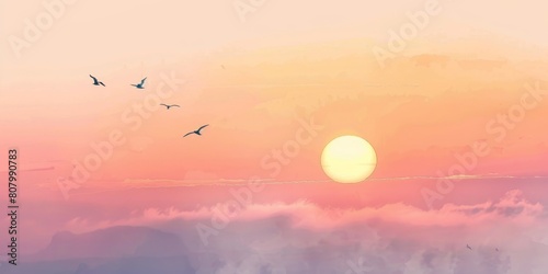 A beautiful sunset with a large yellow sun in the sky. Three birds fly in the sky above the sun