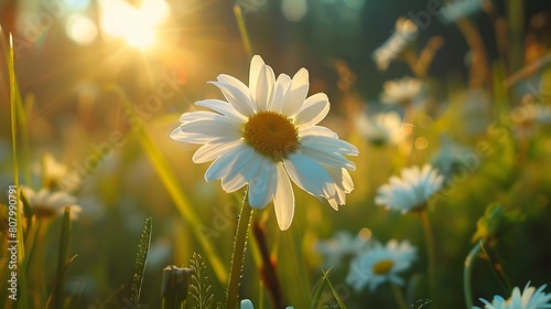 A single daisy in the foreground, surrounded by other flowers and grasses, with sunlight filtering through trees creating soft shadows on its petals. 