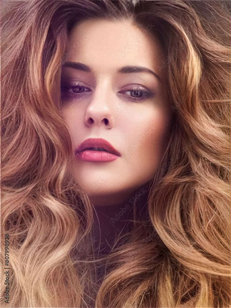 Beautiful modern woman with volume hairstyle, long luxurious hair and beauty makeup, glamorous look face portrait for luxury fashion and natural cosmetics idea Beautiful modern woman with volume hairstyle, long luxurious hair and beauty makeup, glamorous look face portrait for luxury fashion and natural cosmetics idea