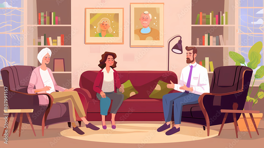 Vector illustration of family and psychologist