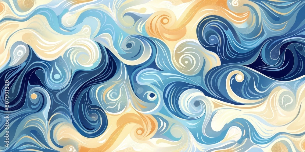 A painting of ocean waves with a blue and yellow background. The waves are very large and the colors are very bright. The painting gives off a feeling of energy and movement A painting of ocean waves with a blue and yellow background. The waves are very large and the colors are very bright. The painting gives off a feeling of energy and movement