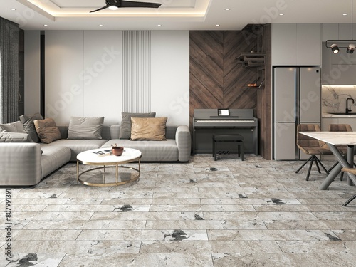 Beautiful home interiors with warm grey tones professionally staged and decorated, grey sofa set, grey marble floor, white and brown walls, ceramic dining table and chairs, refrigerator. 3D Rendering photo
