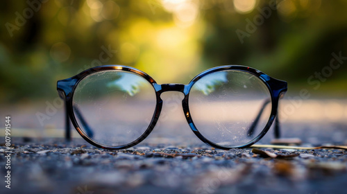 Sunglasses on a path reflecting the journey ahead