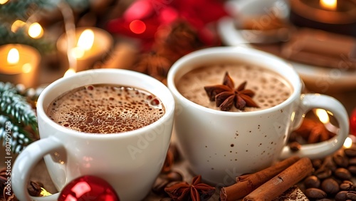 Happy hot chocolate and coffee in white cups on rustic background. Concept Hot Chocolate, Coffee, White Cups, Rustic Background, Happy Atmosphere