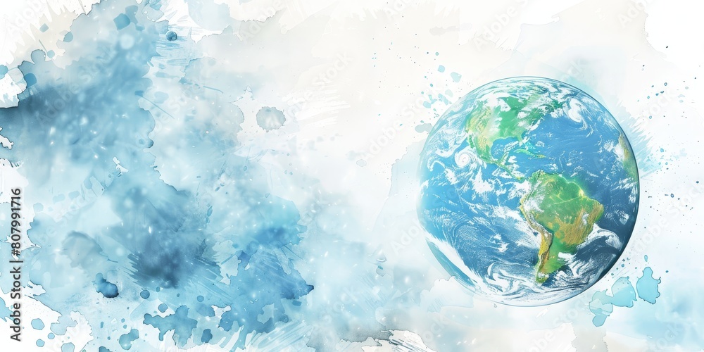 A blue and white painting of the earth with a blue and white sky. The painting is abstract and has a dreamy, peaceful mood