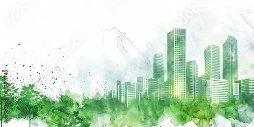 A cityscape with a green background and buildings. The city is depicted as a modern, urban environment with a focus on sustainability and green spaces