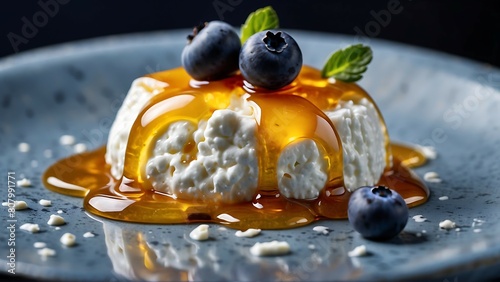 Creamy cottage cheese cake with fresh blueberries, closeup