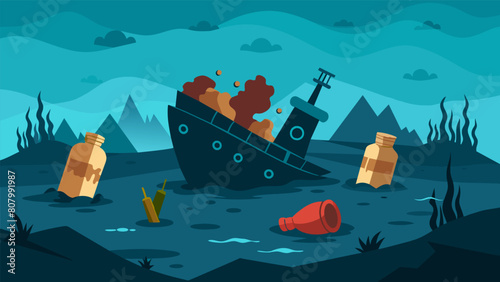 A sunken shipwreck on the ocean floor with scrolls containing stoic wisdom preserved inside waterproof containers.. Vector illustration