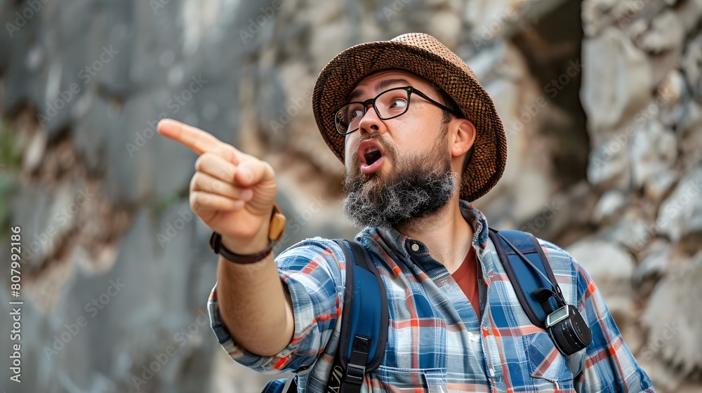 Obraz premium A tourist with a camera excitedly points at something off screen their face filled with wonder and curiosity Solid background
