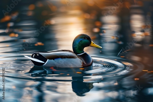A playful mallard duck swims gracefully across a pond its iridescent feathers shimmering in the sunlight as it chases after a dragonfly photo