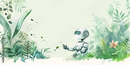 A robot is standing in a lush green forest. The robot is wearing a white helmet and has a green and white body. The forest is full of trees and plants, and the sky is blue. The scene is peaceful photo
