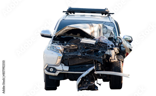 Full body front and side view of white car get damaged by accident on the road. damaged cars after collision. Isolated on transparent background, car crash broken, PNG File