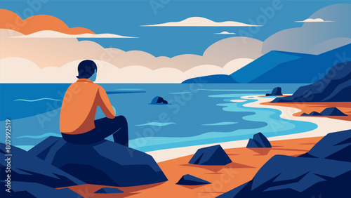 A person sitting on a rocky shoreline watching the rhythm of the waves and finding solace in the ebb and flow of the tide.. Vector illustration