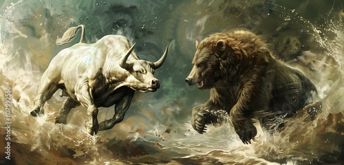 A dramatic representation of a bullish and bearish symbol entwined in a dynamic stock market dance.  photo