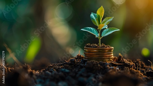 A stack of coins with a green plant growing on top, rising up to show the concept of financial growth and meeting audiences' relaxed activity needs. 