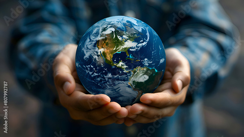 Photo realistic Earth held by two hands � Shared responsibility in protecting the planet for future generations