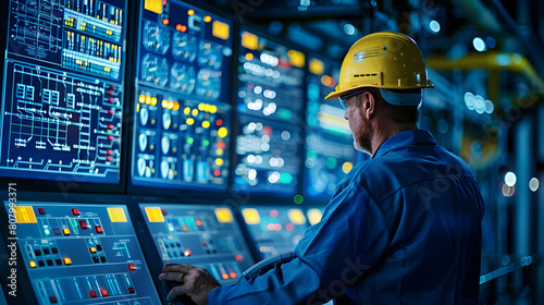 High-Tech Automation: Electrical Engineer Configuring Control System for Manufacturing Plant - Conceptual Photo Realistic Image of Aligning Automation Protocols with Production Requirements