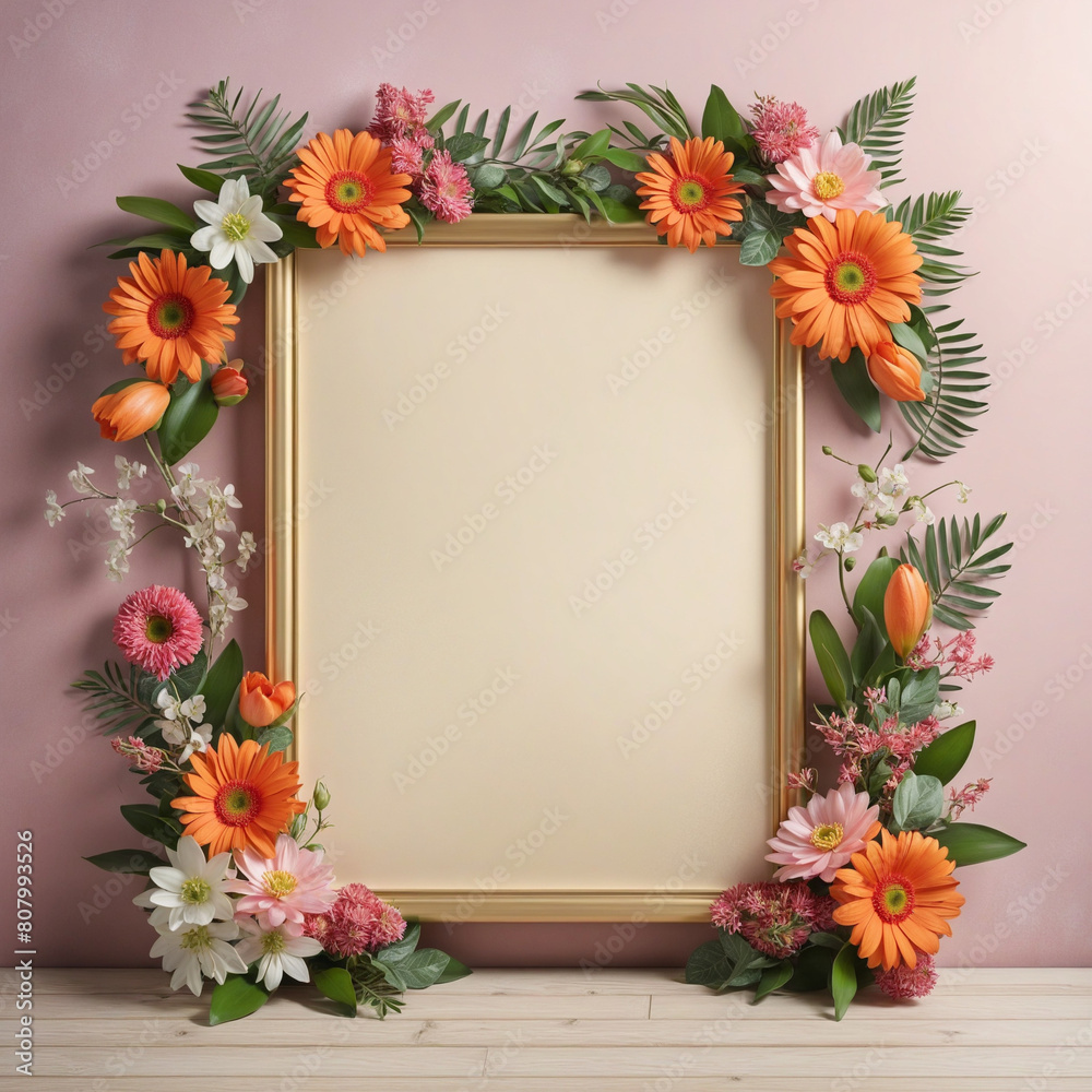 Summer floral border frame showcasing a blank space for creative food card decoration in a trendy exhibition layout Summer floral border frame showcasing a blank space for creative food card decoration in a trendy exhibition layout
