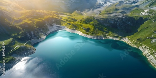 Aerial view of alpine reservoir lake generating ecofriendly hydroelectricity in summer. Concept Alpine Reservoir  Hydroelectric Power  Eco-Friendly Energy  Aerial View  Summer Beauty