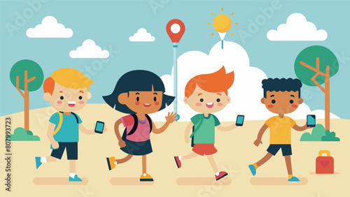 A group of kids embark on a miniadventure around the playground utilizing their fitness trackers to map out their route and track their distance. Vector illustration