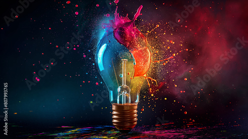 A colorful light bulb with splatters of paint surrounding it. Concept of creativity and artistic expression
