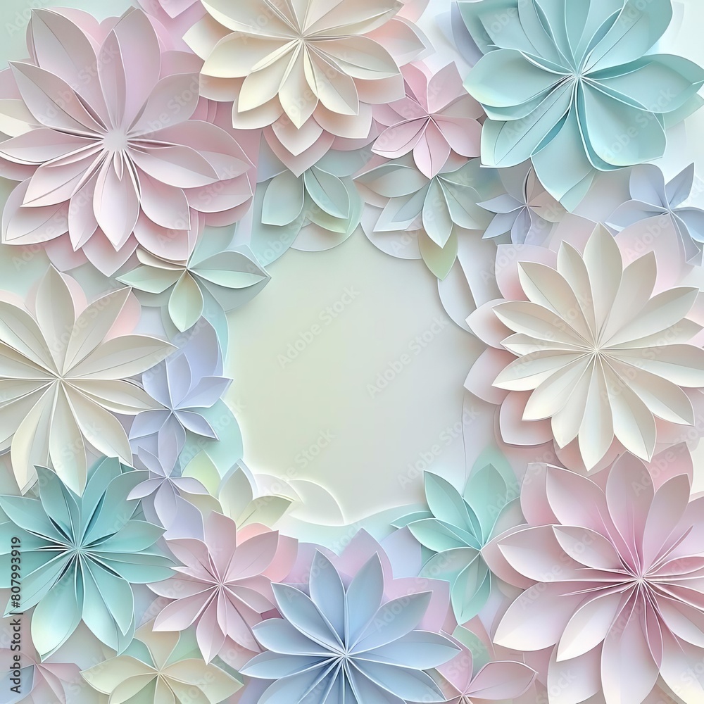 Intricate paper craft design featuring layered cutouts in pastel shades, creating a soft and textured background with ample copy space