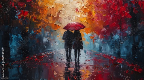 A couple is walking in the rain with an umbrella