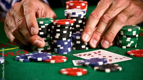 highly detailed photorealistic image depicting a man's hands holding a stack of poker chips at a casino table.