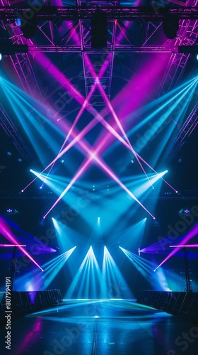 Highenergy blue and purple light beams crossing in a dark concert hall  creating an abstract disco effect  perfect for festival promotions