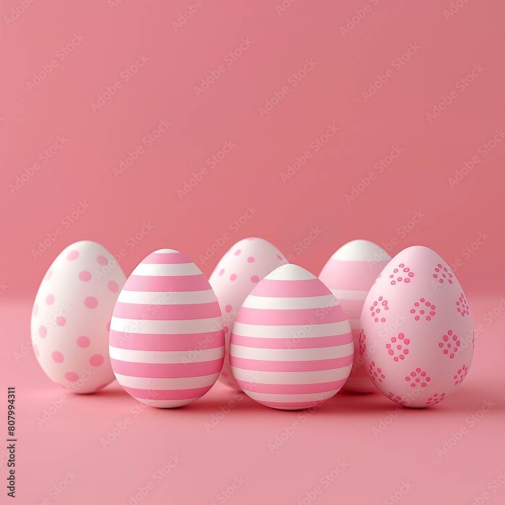 A row of pink and white eggs with polka dots and stripes A row of pink and white eggs with polka dots and stripes