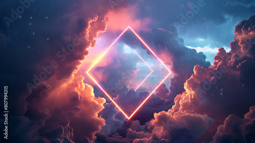 A neon geometric rhombus frame, glowing intensely against a backdrop of cumulonimbus clouds on a tempestuous night, 