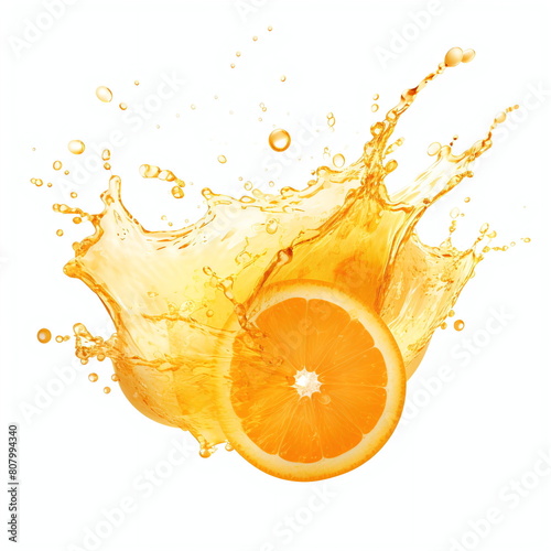 Orange juice splash, lemon or orange liquid. Isolated in white background