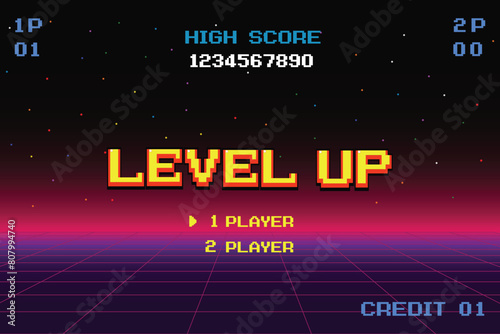 LEVEL UP. 1 player. Synthwave wireframe net illustration. pixel art .8 bit game. retro game. for game assets .Retro Futurism Sci-Fi Background. glowing neon grid. and stars.