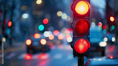 A driver stopping at a red light with blurred traffic in the background, traffic signals