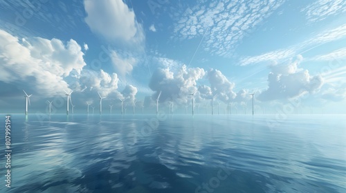 vast expanses of ocean stretching to the horizon, where giant turbines harness the relentless power of offshore winds. These wind farms, floating gracefully on the water's surface, represent a bold le photo