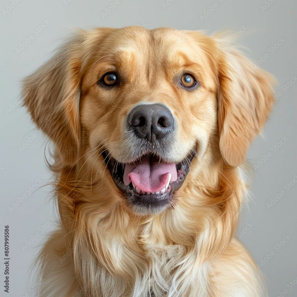 Cheerful golden retriever puppy in studio portrait. Playful and loyal companion with golden coat. AI generative.