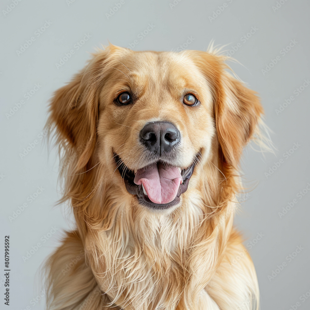 Happy golden retriever dog on white background. Adorable pet with expressive eyes and wagging tail. AI generative.